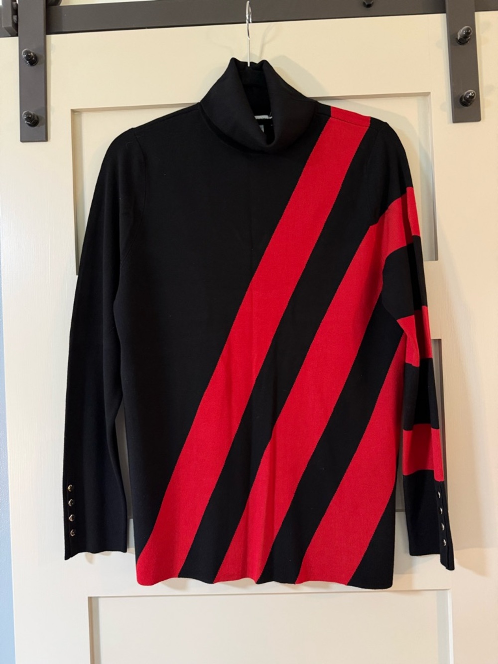 Chico's Black Turtleneck Sweater with Red Diagonal Stripes